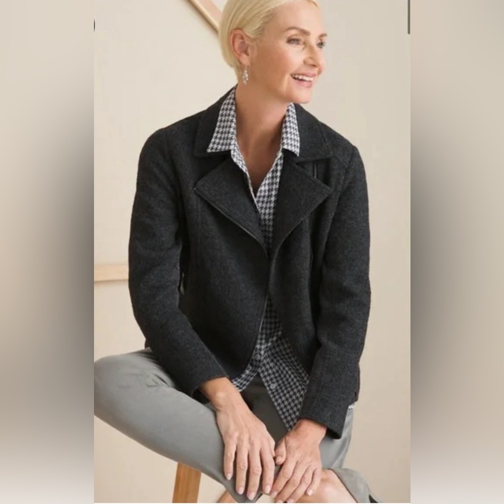 CHICOS Gray Boiled Wool Blend Knit Zip Front Moto Biker Jacket Coat Size Medium - Picture 4 of 15